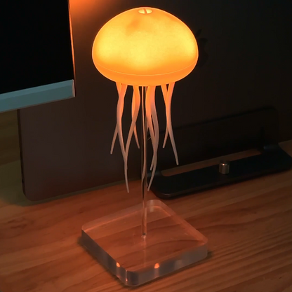 Jellyfish-shaped lamp on a wooden surface with a dark background